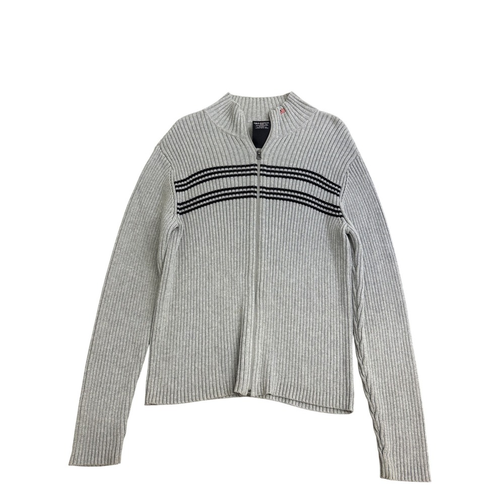 Polo Jeans Co Ralph Lauren Gray Striped Full Zip Cotton Ribbed Sweater Large